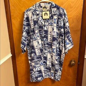 NWT Blue & White Casual Button Down Shirt Photo Collage Tropical Print Size XXL